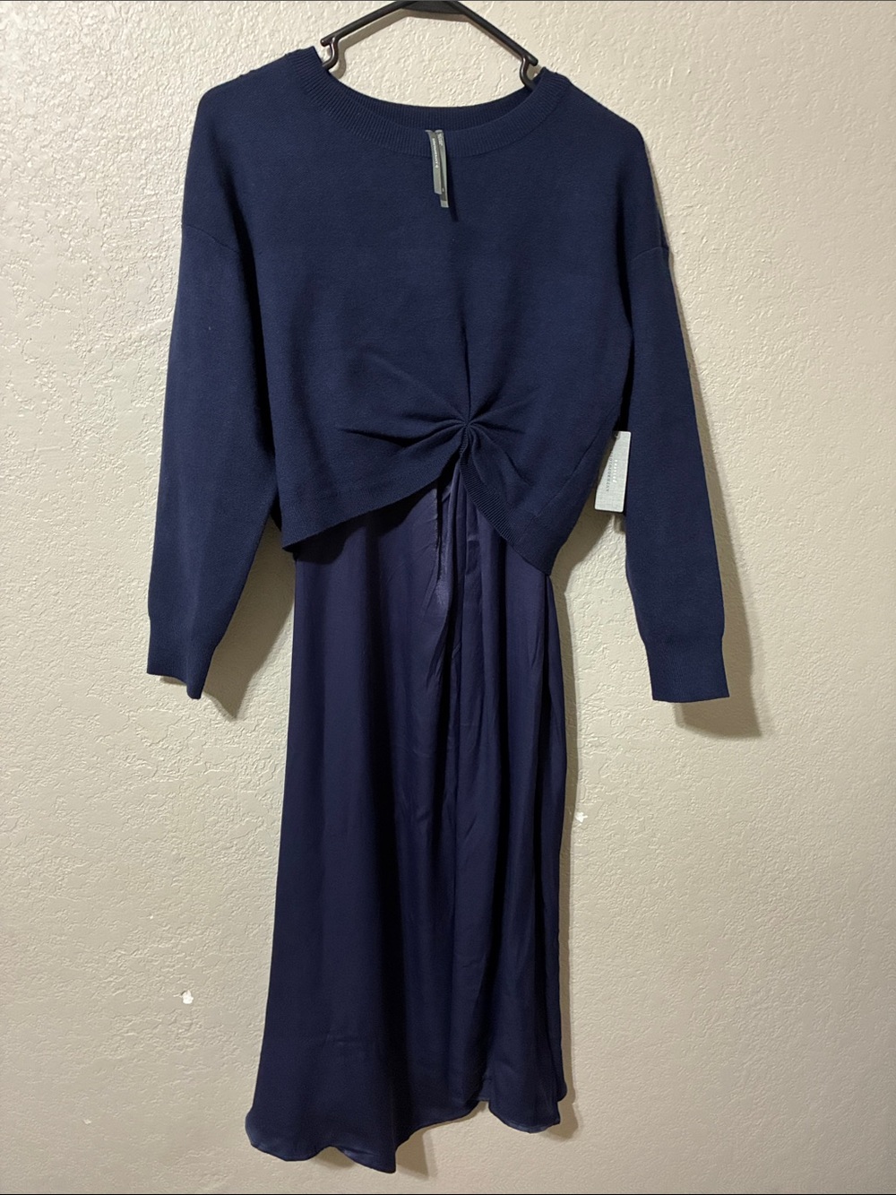 Anthropologie Navy Knot-Detail Midi Dress with Brown Clutch - Picture 6 of 11